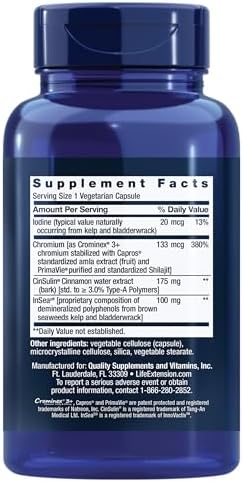 Life Extension blood sugar support supplement featuring InSea2 and Crominex 3 plus