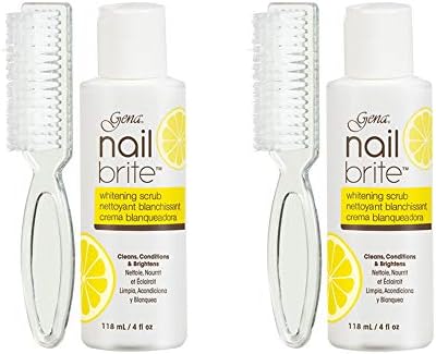Two pack of Gena nail whitening stain remover bottles showcasing the lemon extract formula details