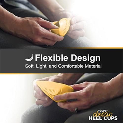 Side profile of yellow Tuli's heel cups showing flexible material.