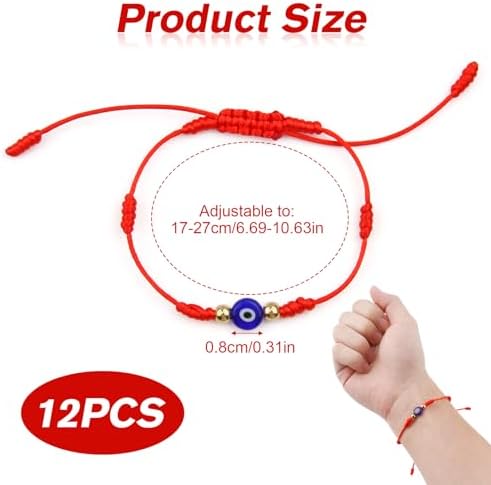 Close up of handmade 7 knot evil eye red string bracelet