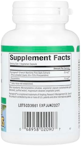 Natural Factors Pycnogenol supplement nutritional facts and ingredient label on the back of the bottle