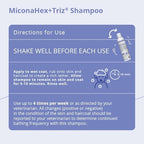 Back label of MiconaHex+Triz shampoo with directions for use and veterinarian guidelines.