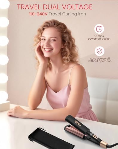 Portable black mermaid wave curling iron showcasing the lightweight body and travel storage bag