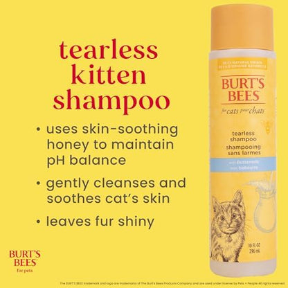 Back label of Burt's Bees kitten shampoo with directions and natural origin ingredients