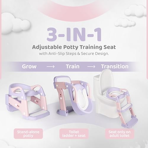 Side view of the adjustable toddler toilet trainer showing the non-slip safety handles and wide steps.