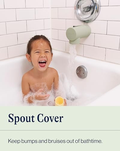Lalo non toxic faucet guard installed on a standard bathtub spout