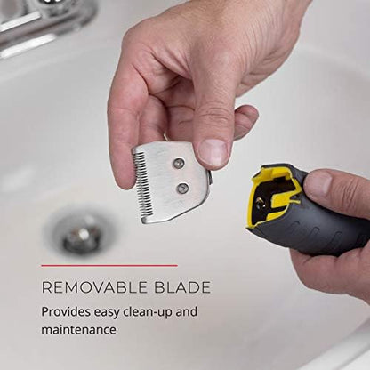 Side view of the ergonomic yellow Remington haircutting tool designed for comfortable grip