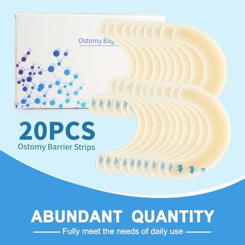 Curved C-shaped hydrocolloid ostomy tape strips demonstrating flexibility for stoma care