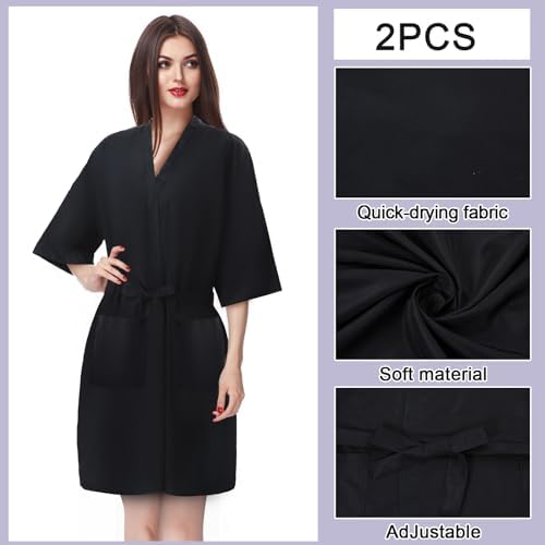 Black kimono style hair cutting smock with adjustable strap waistband for universal fit
