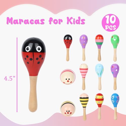 Toddler hand holding a four point five inch POPLAY natural wood rattle shaker