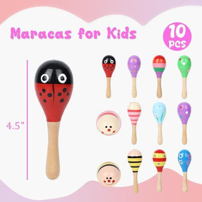 Toddler hand holding a four point five inch POPLAY natural wood rattle shaker