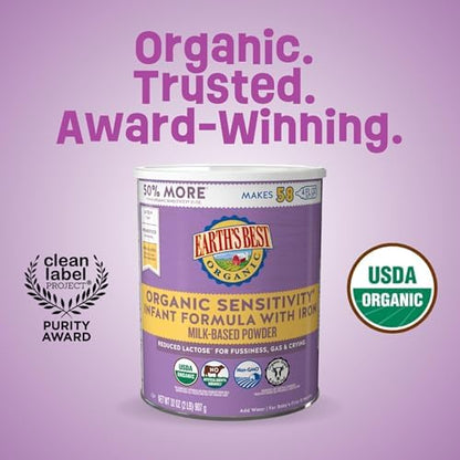 Back label of Earth's Best Sensitivity formula showing nutritional information.