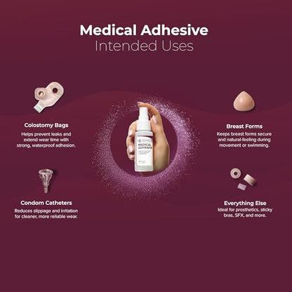 Hypoallergenic silicone adhesive remover spray for ostomy and wig glue.