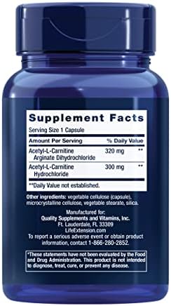 Life Extension Acetyl-L-Carnitine Arginate back label supplement facts