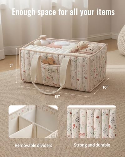 Quilted floral diaper caddy by Blissful Diary side view with handles
