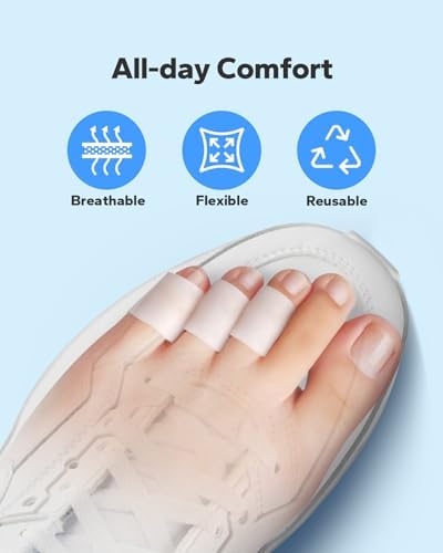 Diosky silicone toe sleeves shown inside a shoe to demonstrate slim fit.
