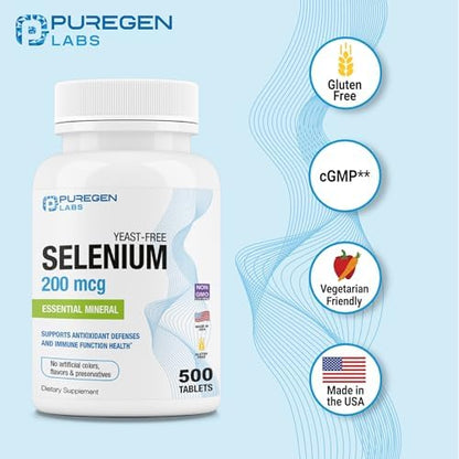 Back label of Puregen Labs Selenium 200mcg showing the trace mineral serving size information.