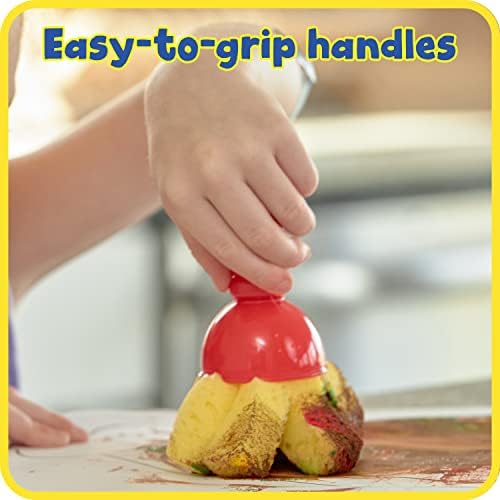 Chunky red plastic handles of READY 2 LEARN textured art tools demonstrating easy grip design for small hands.