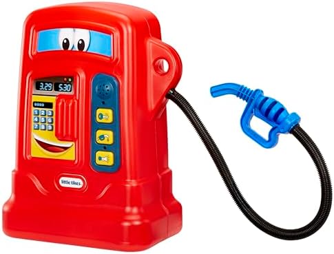 Side angle of the multicolor Little Tikes electronic pretend pump highlighting the flexible black hose and nozzle.