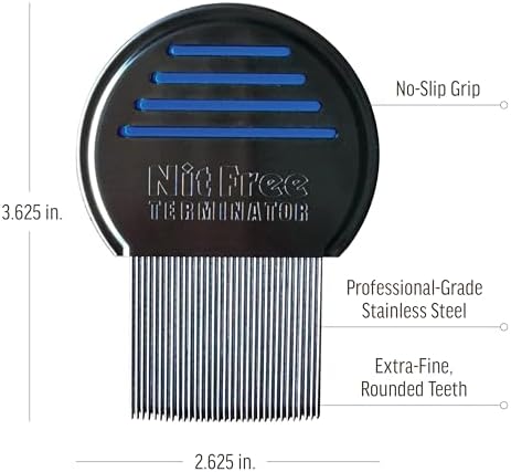 Stainless steel lice comb showing rounded tips for gentle scalp protection.