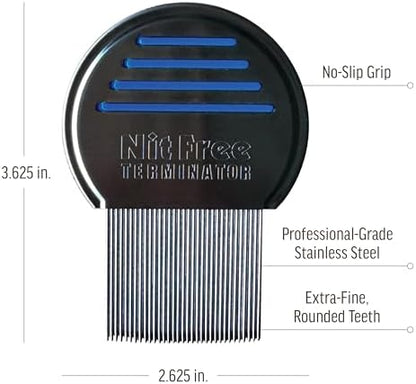 Stainless steel lice comb showing rounded tips for gentle scalp protection.
