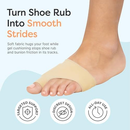 Side view of skin-colored bunion corrector sleeve on foot showing slim fit.