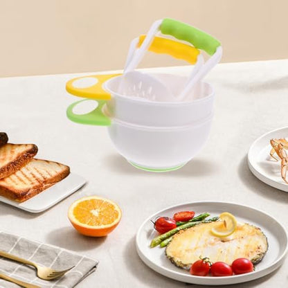 BPA-free manual food sifter and masher tool preparing soft steamed sweet potatoes