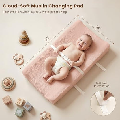 Top view of pink blossom muslin diaper changing pad