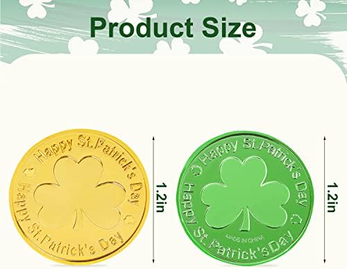 Close up view of the embossed details on the green and gold shamrock tokens.