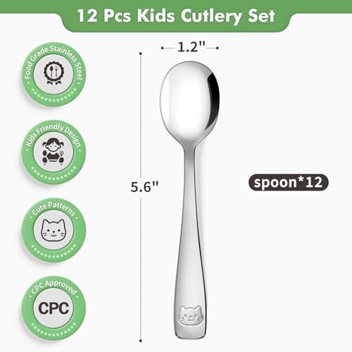 DRKIO kids silverware small metal spoons displaying ergonomic short handles