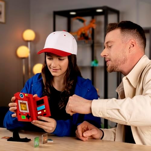 MEGA Brands PokÃ©mon building set with illuminated screen and interchangeable lenticular cards displayed.