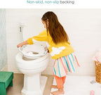 Munchkin comfortable kids toilet trainer seat with integrated splash guard for boys and girls.