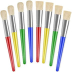 Vibrant assortment of DAJING preschool paint brushes laid out to demonstrate the thick plastic handle design.