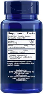 Life Extension Glutathione supplement bottle side view showing supplement facts