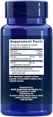 Life Extension Glutathione capsules supplement facts label