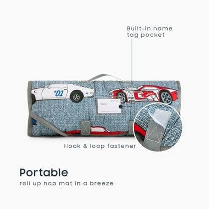 Wake In Cloud Kids Travel Blanket and Mat with the removable pillow insert partially detached for washing demonstration.