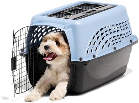 Side profile of Petmate blue pet kennel highlighting ventilation holes
