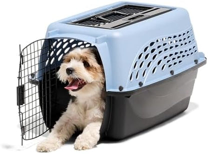 Side profile of Petmate blue pet kennel highlighting ventilation holes