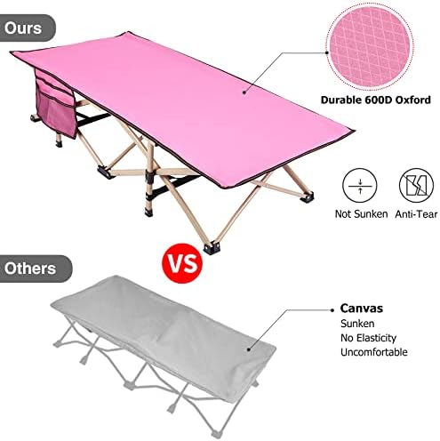 Side angle of REDCAMP children sleeping cot showing the integrated storage pocket and steel legs