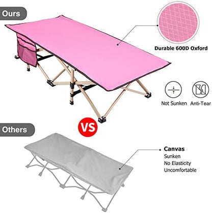 Side angle of REDCAMP children sleeping cot showing the integrated storage pocket and steel legs