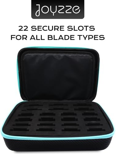 Joyzze twenty two slot blade organizer opened flat showing rigid interior EVA foam inserts for professional tool protection.