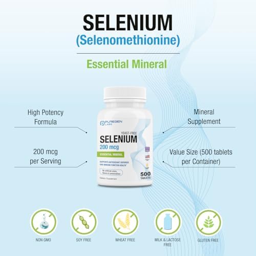 Side panel of Puregen Labs Selenium supplement details showing USA manufacturing and non GMO certification.