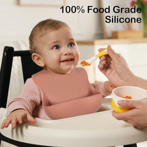 Deep sturdy crumb catcher pocket on waterproof baby feeding bib