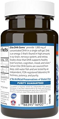 Carlson Elite DHA Gems wild caught sustainably sourced fish oil softgels for vision vitality.