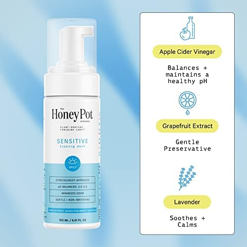 Herbal infused plant based feminine wash for sensitive skin showing foaming pump dispenser.