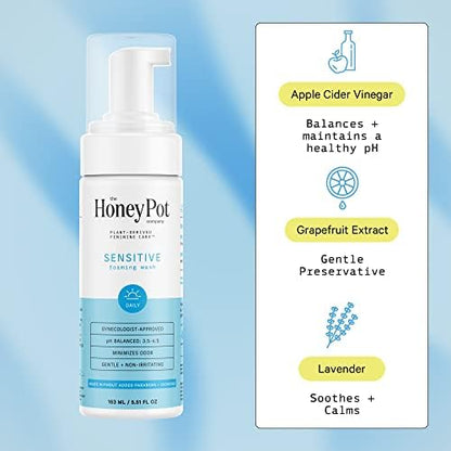 Herbal infused plant based feminine wash for sensitive skin showing foaming pump dispenser.