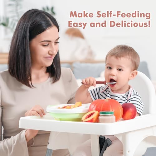 DRKIO food grade dishwasher safe baby flatware set placed next to a clean feeding bowl