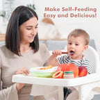 DRKIO food grade dishwasher safe baby flatware set placed next to a clean feeding bowl