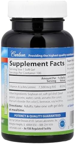 Carlson brand 25000 IU beta carotene dietary supplement packaging displaying supplement facts panel