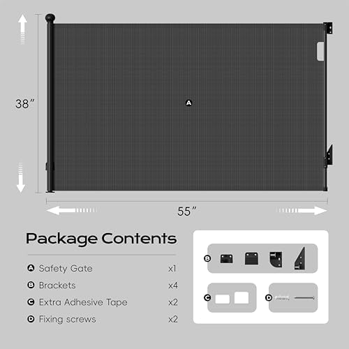 BBsecure black retractable child gate rolled up compactly against a living room wall